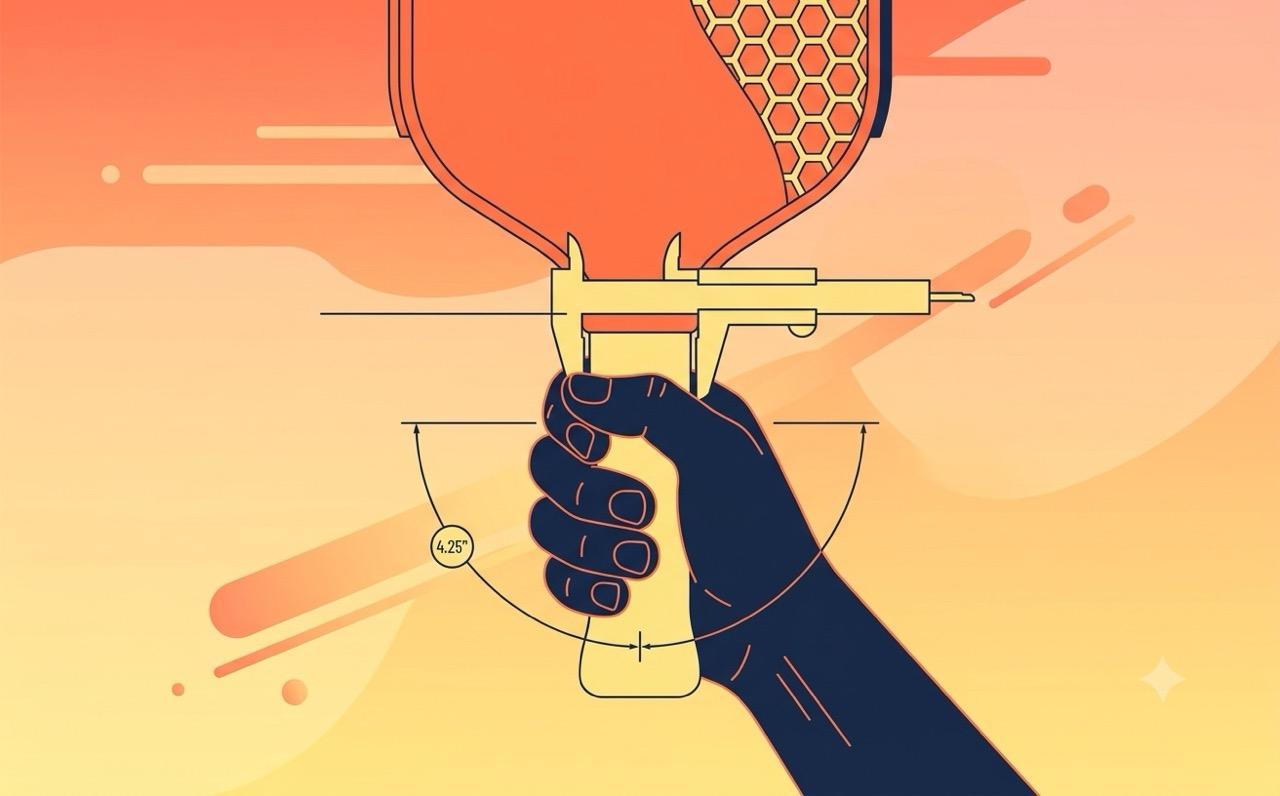 Overhead view of a hand gripping a pickleball paddle handle with a grip circumference measurement line
