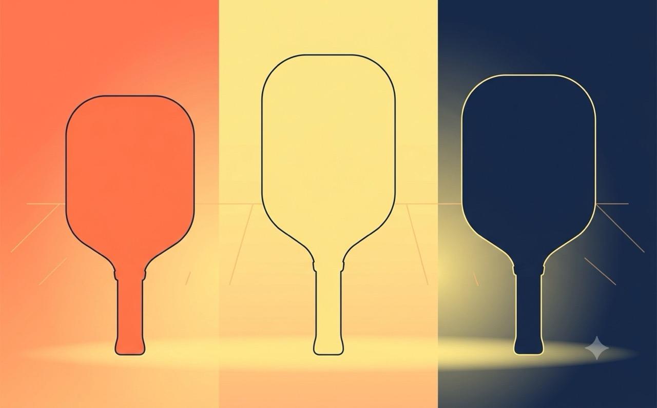 Three pickleball paddle silhouettes of different shapes and sizes side by side