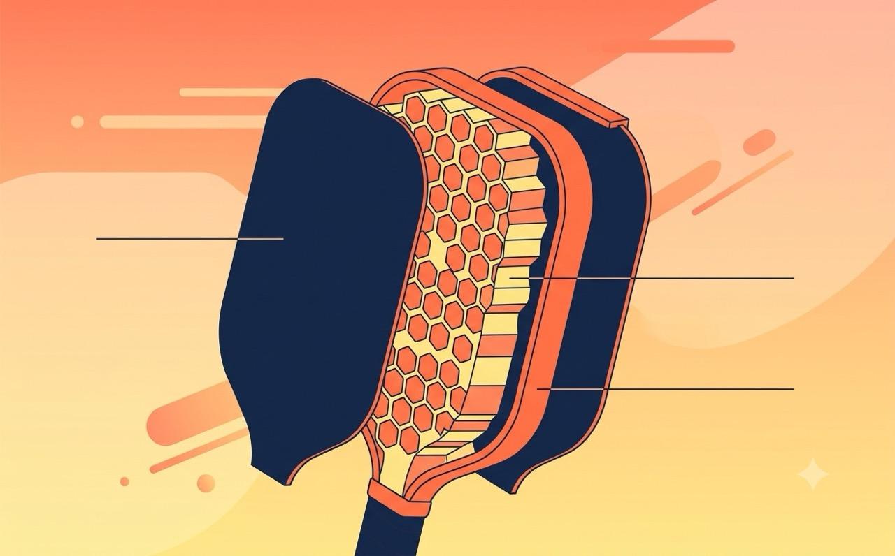 Cutaway diagram of a pickleball paddle showing the face material, honeycomb core, and edge guard layers