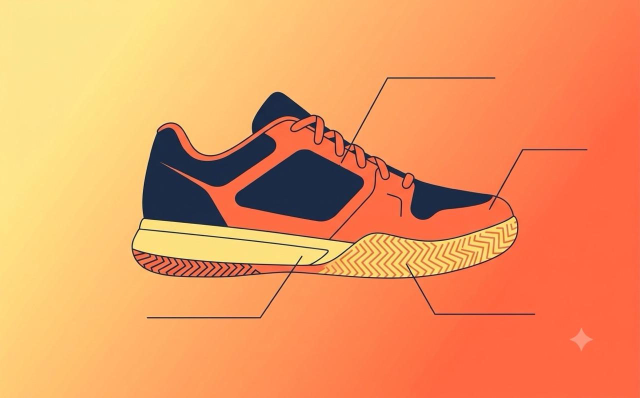 Labeled illustration of a pickleball court shoe highlighting outsole pattern, lateral support, and toe cap