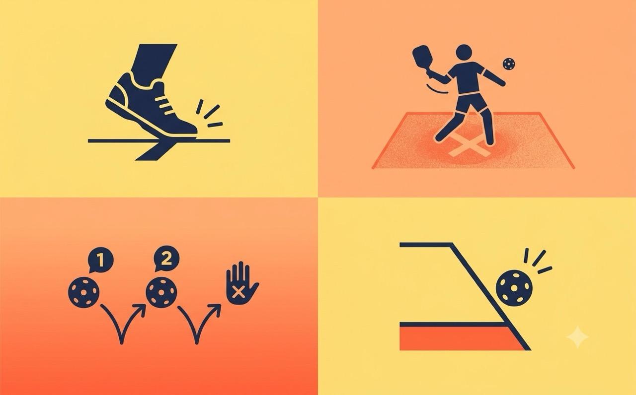 Four simple icons representing common pickleball faults