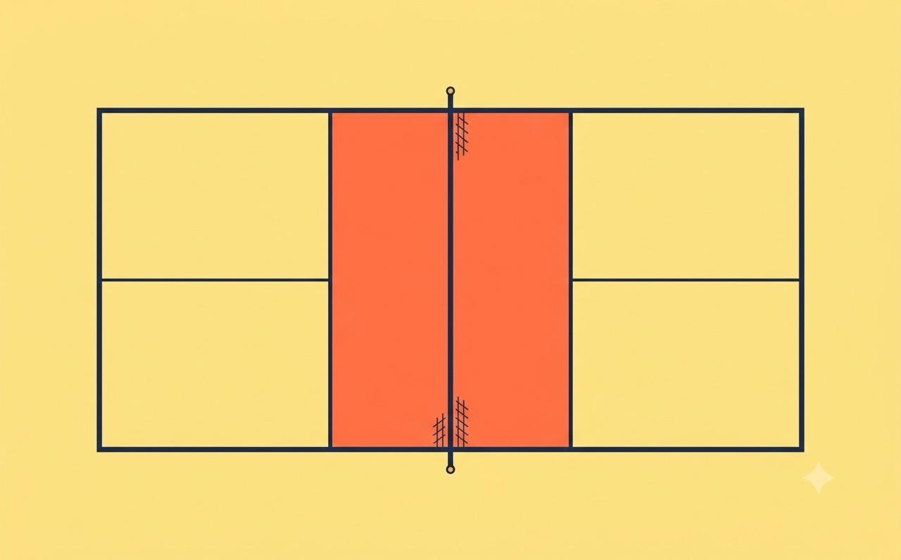 Labeled diagram of a pickleball court showing baseline, sidelines, service courts, and the non-volley zone