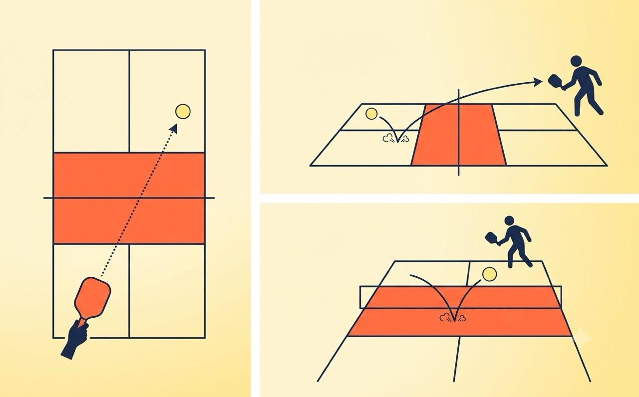 Three-panel sequence diagram showing a serve, bounce, and return under the double-bounce rule
